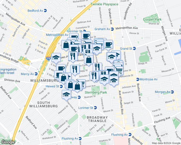 map of restaurants, bars, coffee shops, grocery stores, and more near in Brooklyn