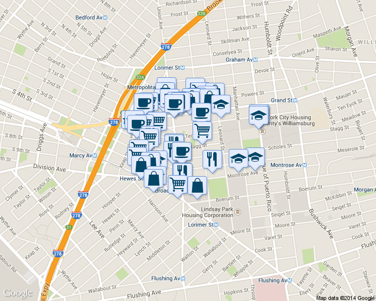 map of restaurants, bars, coffee shops, grocery stores, and more near 14 Stagg Street in Brooklyn