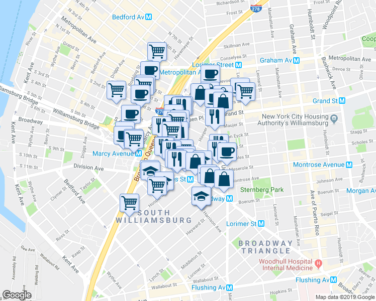 map of restaurants, bars, coffee shops, grocery stores, and more near 350 Hooper Street in Brooklyn
