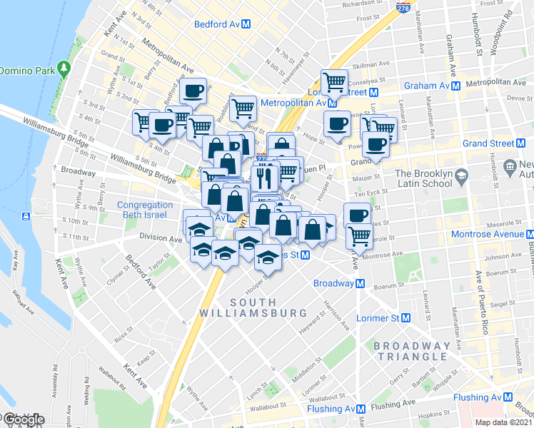 map of restaurants, bars, coffee shops, grocery stores, and more near in Brooklyn