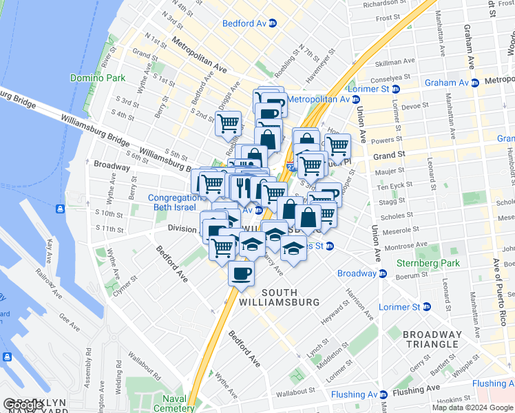 map of restaurants, bars, coffee shops, grocery stores, and more near in Brooklyn
