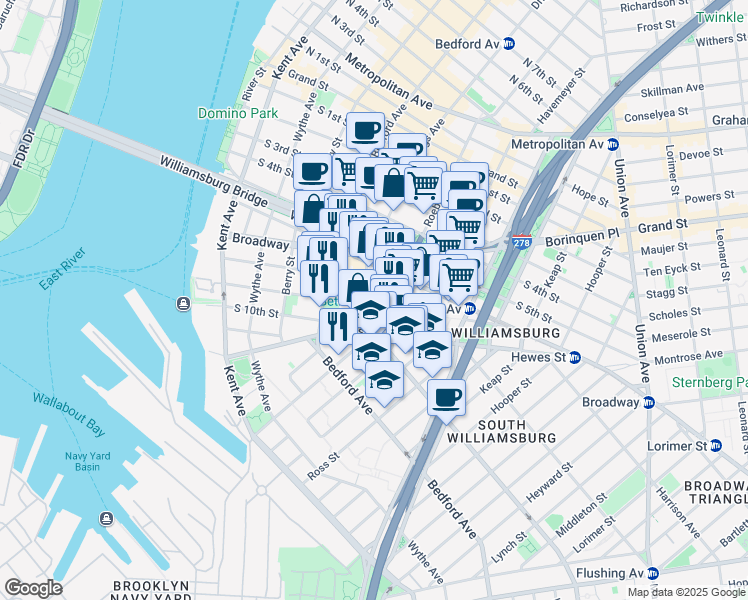 map of restaurants, bars, coffee shops, grocery stores, and more near 175 South 9th Street in Brooklyn