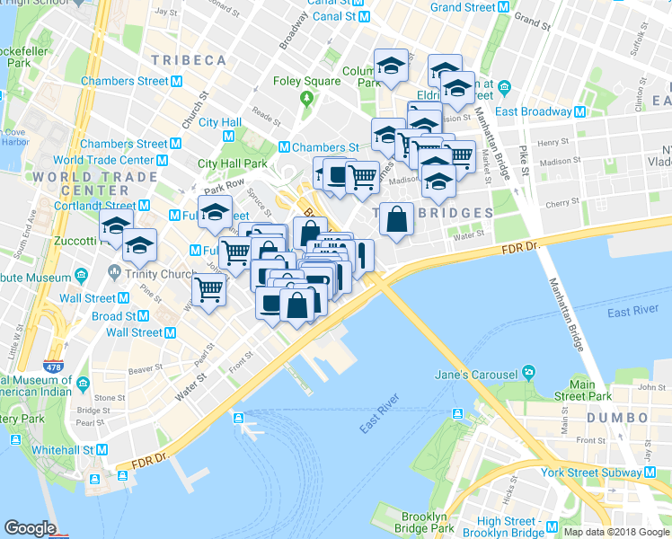 map of restaurants, bars, coffee shops, grocery stores, and more near 273 Water Street in Brooklyn
