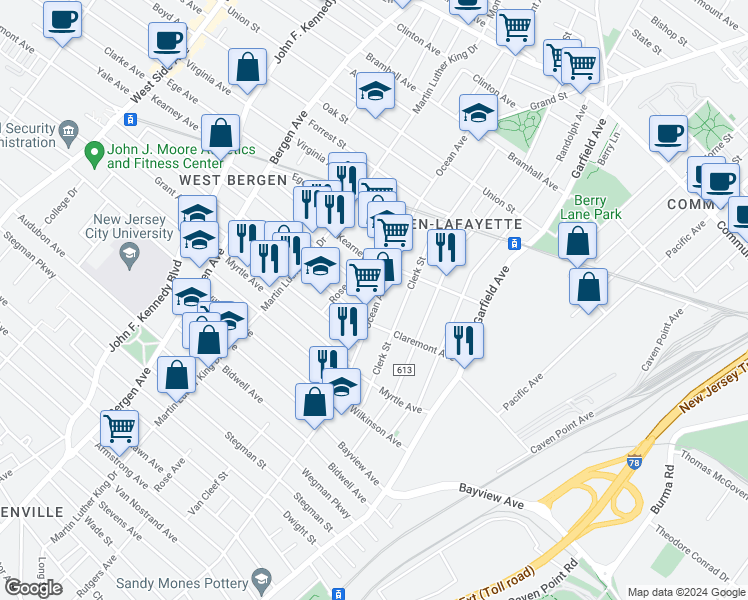 map of restaurants, bars, coffee shops, grocery stores, and more near 645 Ocean Avenue in Jersey City
