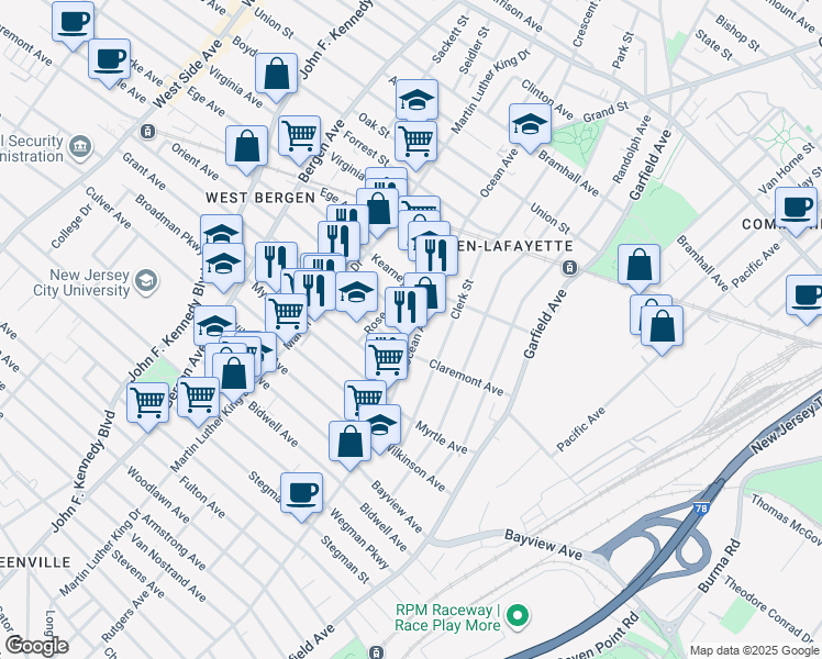 map of restaurants, bars, coffee shops, grocery stores, and more near 645 Ocean Avenue in Jersey City