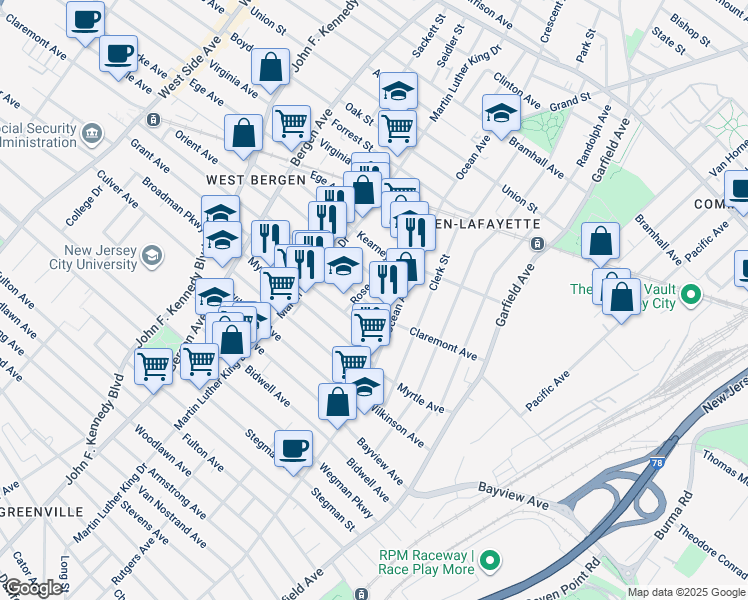 map of restaurants, bars, coffee shops, grocery stores, and more near 645 Ocean Avenue in Jersey City