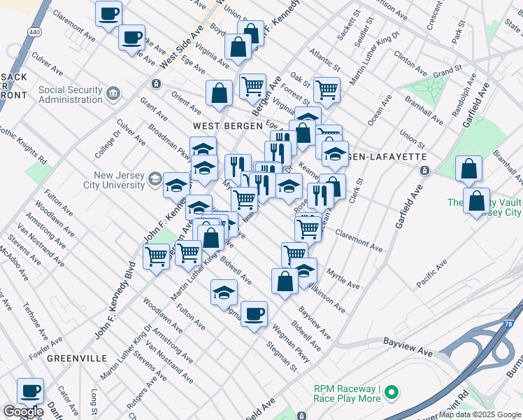 map of restaurants, bars, coffee shops, grocery stores, and more near 146 Myrtle Avenue in Jersey City