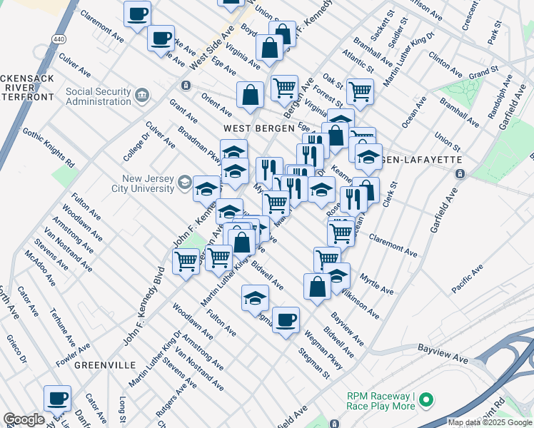 map of restaurants, bars, coffee shops, grocery stores, and more near in Jersey City