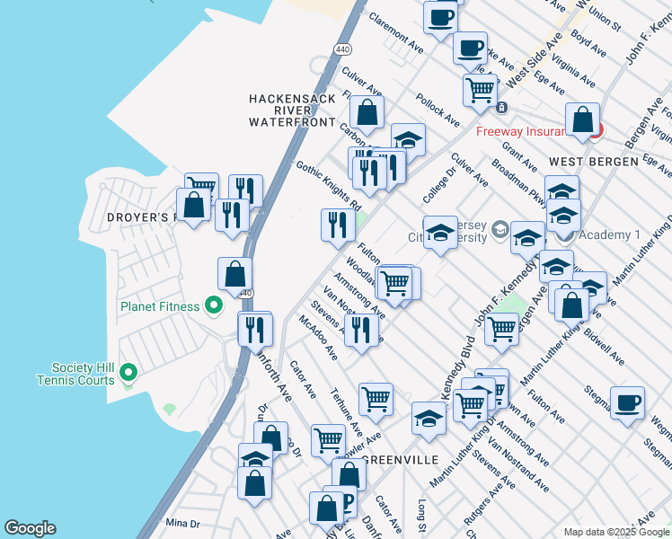 map of restaurants, bars, coffee shops, grocery stores, and more near 397 Armstrong Avenue in Jersey City