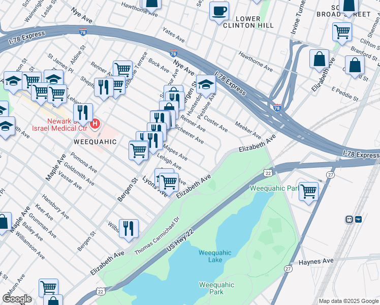 map of restaurants, bars, coffee shops, grocery stores, and more near 15 Mapes Place in Newark