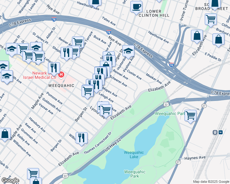 map of restaurants, bars, coffee shops, grocery stores, and more near 15 Mapes Place in Newark