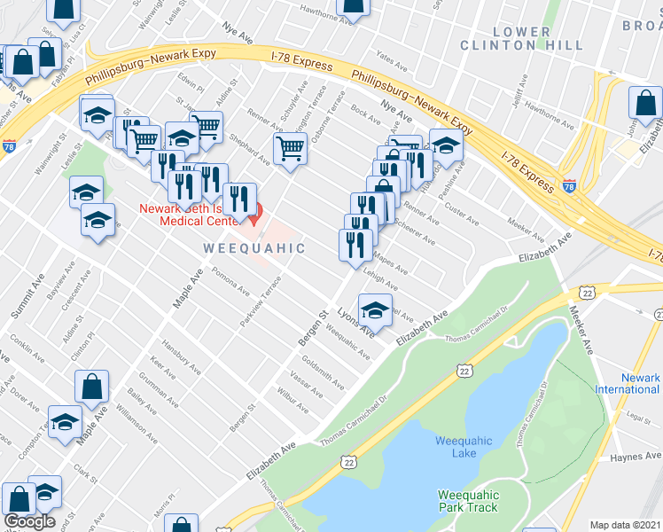 map of restaurants, bars, coffee shops, grocery stores, and more near 32 Harding Terrace in Newark