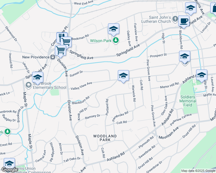map of restaurants, bars, coffee shops, grocery stores, and more near 183 Blackburn Road in Summit