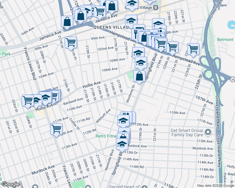 map of restaurants, bars, coffee shops, grocery stores, and more near 215-17 110th Avenue in Queens