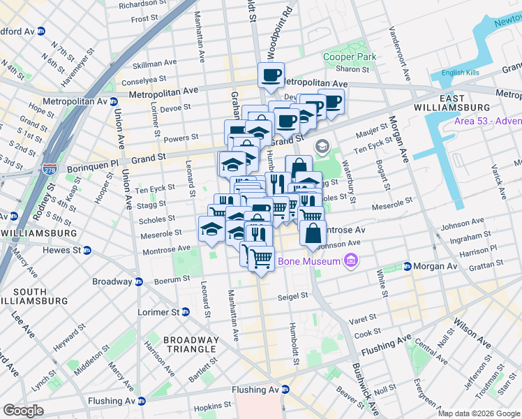 map of restaurants, bars, coffee shops, grocery stores, and more near 166 Scholes Street in Brooklyn