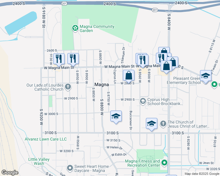 map of restaurants, bars, coffee shops, grocery stores, and more near 2831 Merton Way in Magna