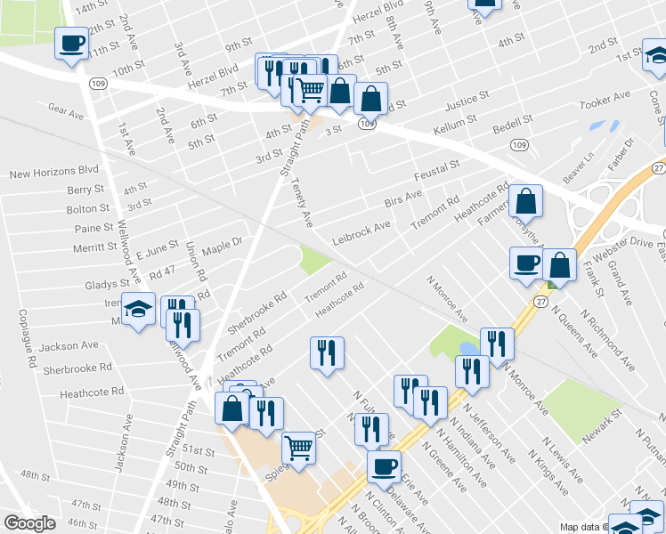 map of restaurants, bars, coffee shops, grocery stores, and more near 392 Sherbrooke Road in Lindenhurst