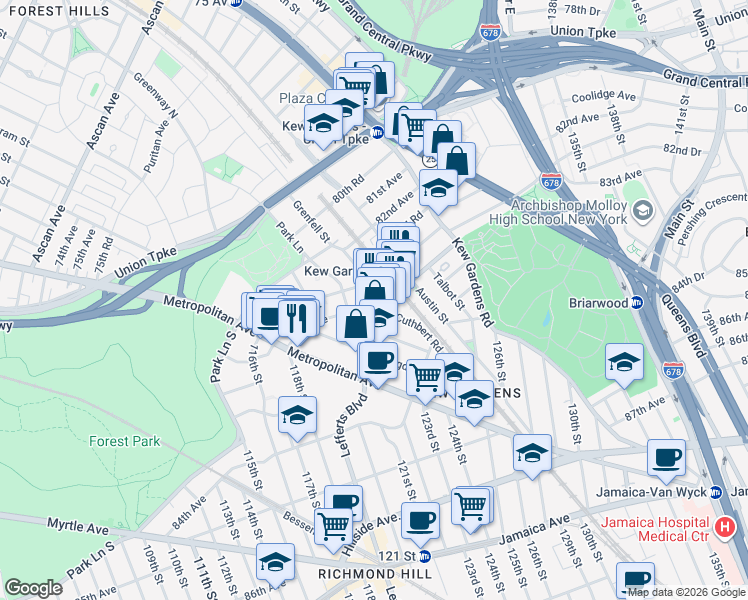 map of restaurants, bars, coffee shops, grocery stores, and more near 120-33 83rd Avenue in Queens