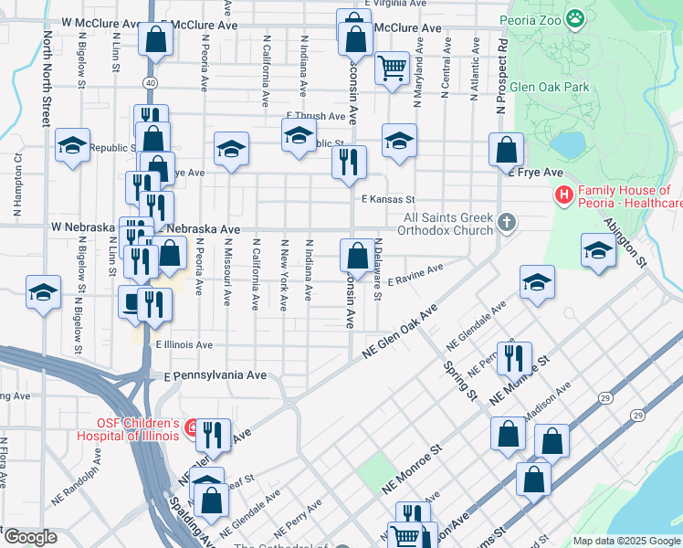 map of restaurants, bars, coffee shops, grocery stores, and more near 719 East Ravine Avenue in Peoria