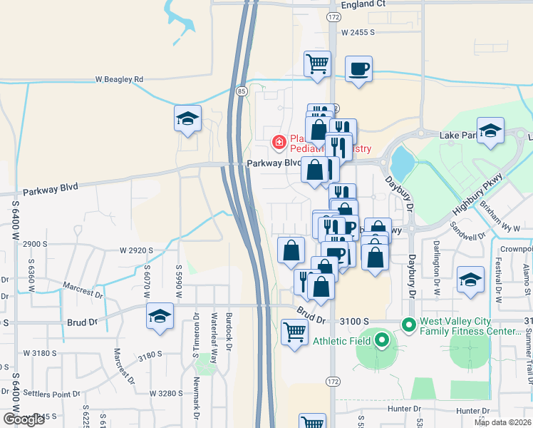 map of restaurants, bars, coffee shops, grocery stores, and more near 2830 Kilt Rock Court in West Valley City
