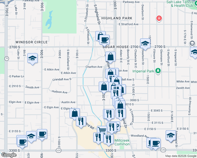 map of restaurants, bars, coffee shops, grocery stores, and more near 1222 Crandall Avenue South in Salt Lake City
