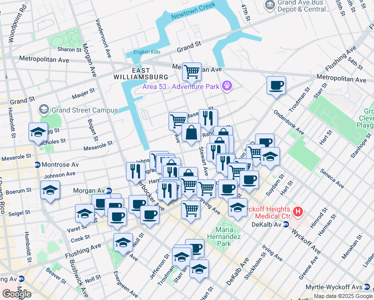 map of restaurants, bars, coffee shops, grocery stores, and more near 495 Johnson Avenue in Brooklyn
