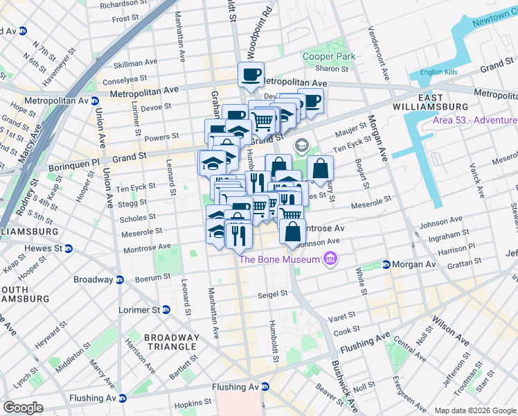 map of restaurants, bars, coffee shops, grocery stores, and more near in Brooklyn