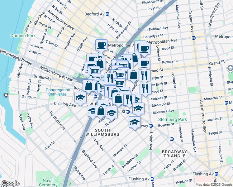 map of restaurants, bars, coffee shops, grocery stores, and more near 331 Keap Street in Brooklyn