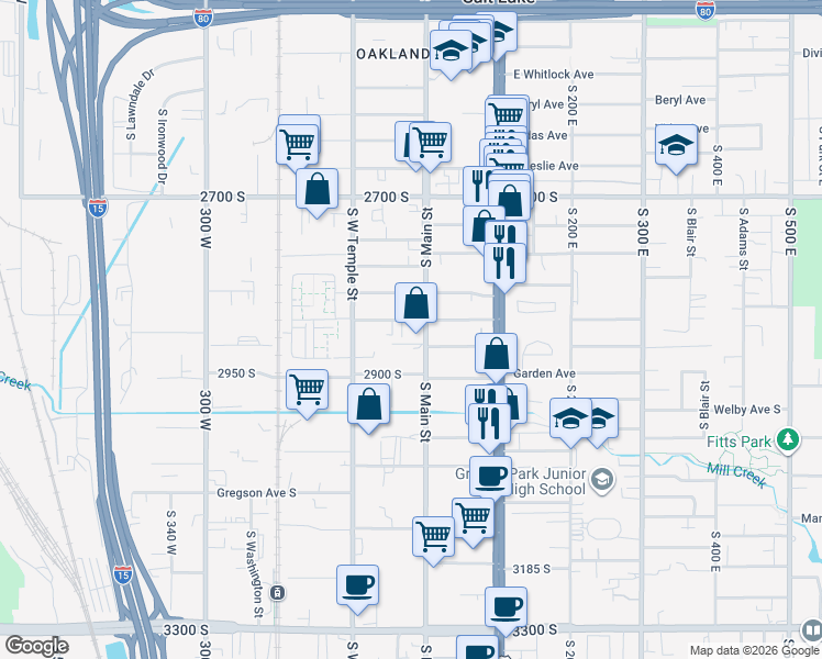 map of restaurants, bars, coffee shops, grocery stores, and more near 2885 South Main Street in South Salt Lake