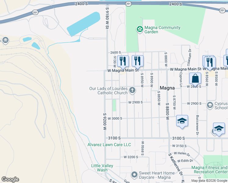 map of restaurants, bars, coffee shops, grocery stores, and more near 2829 South 9150 West in Magna