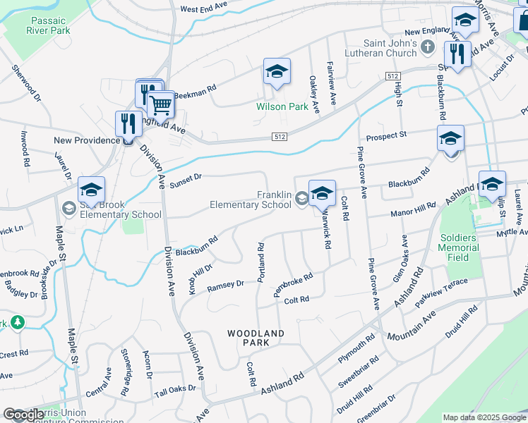 map of restaurants, bars, coffee shops, grocery stores, and more near 183 Blackburn Road in Summit