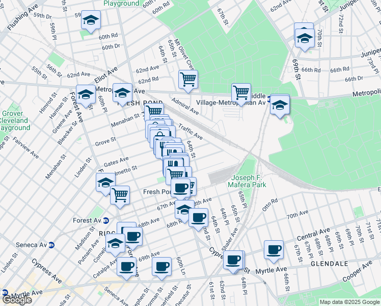 map of restaurants, bars, coffee shops, grocery stores, and more near 61-54 Palmetto Street in Queens