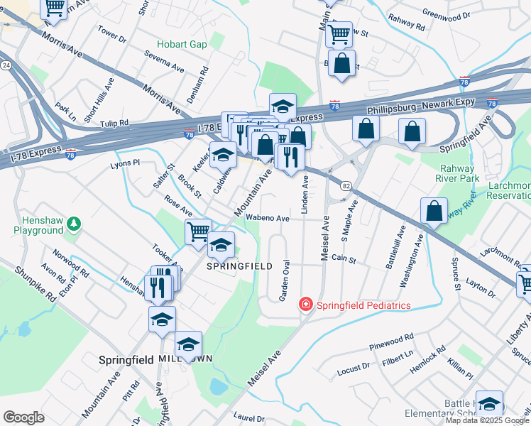map of restaurants, bars, coffee shops, grocery stores, and more near 94 Wabeno Avenue in Springfield