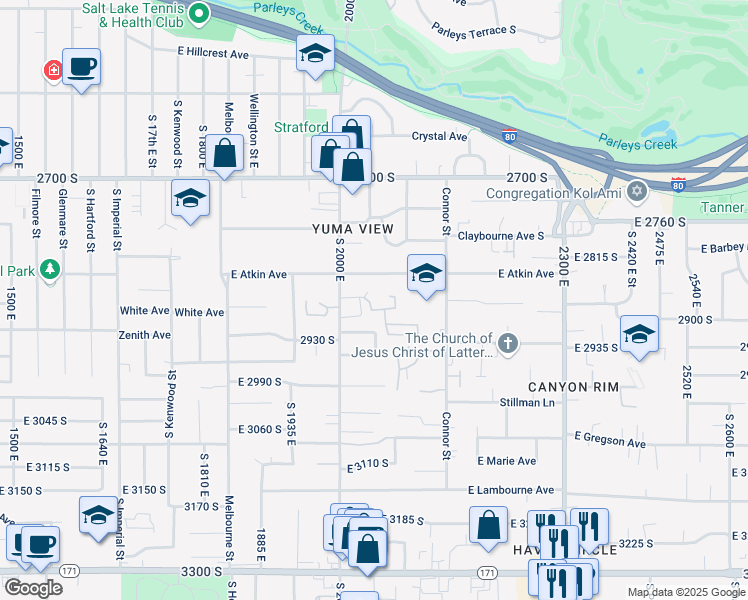 map of restaurants, bars, coffee shops, grocery stores, and more near 2056 Sierra View Circle in Salt Lake City
