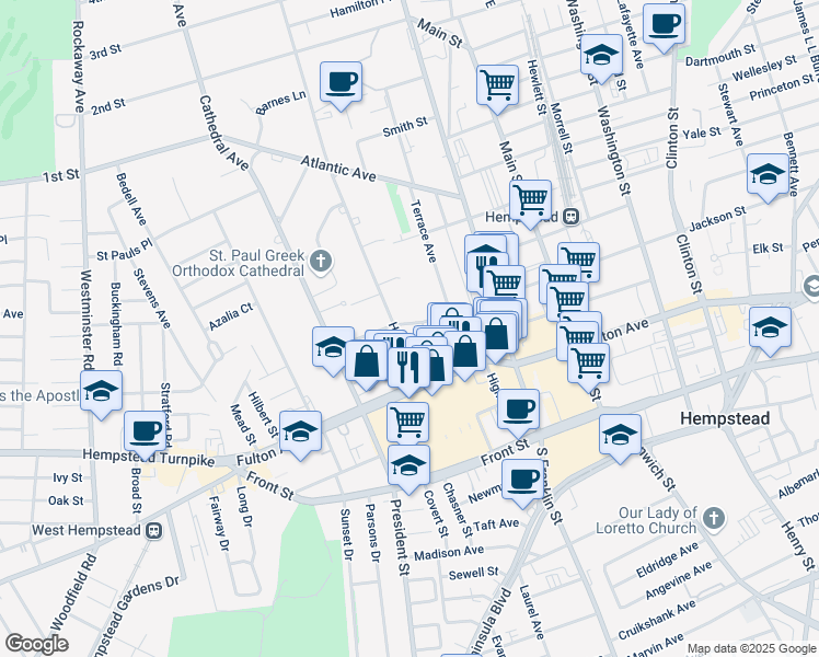 map of restaurants, bars, coffee shops, grocery stores, and more near 36 Hilton Avenue in Hempstead