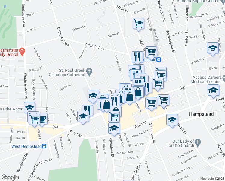 map of restaurants, bars, coffee shops, grocery stores, and more near 9 Jackson Street in Hempstead