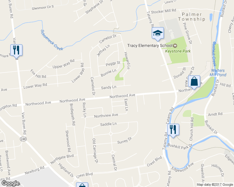 map of restaurants, bars, coffee shops, grocery stores, and more near 2513 Northwood Avenue in Easton