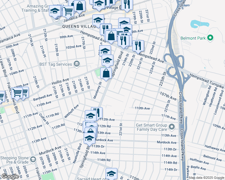 map of restaurants, bars, coffee shops, grocery stores, and more near 218-21 109th Avenue in Queens