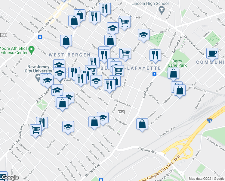 map of restaurants, bars, coffee shops, grocery stores, and more near 645 Ocean Avenue in Jersey City