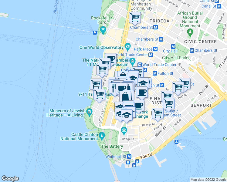 map of restaurants, bars, coffee shops, grocery stores, and more near 58 West St in New York