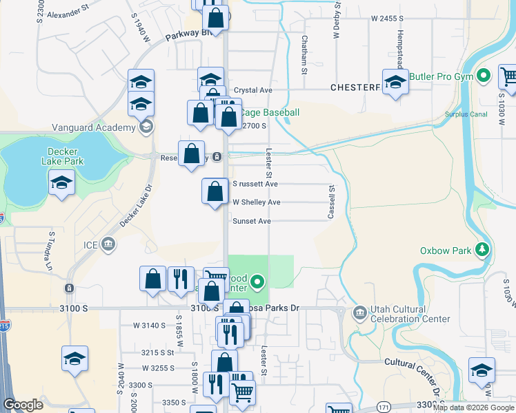 map of restaurants, bars, coffee shops, grocery stores, and more near 1634 Sunset Avenue in West Valley City