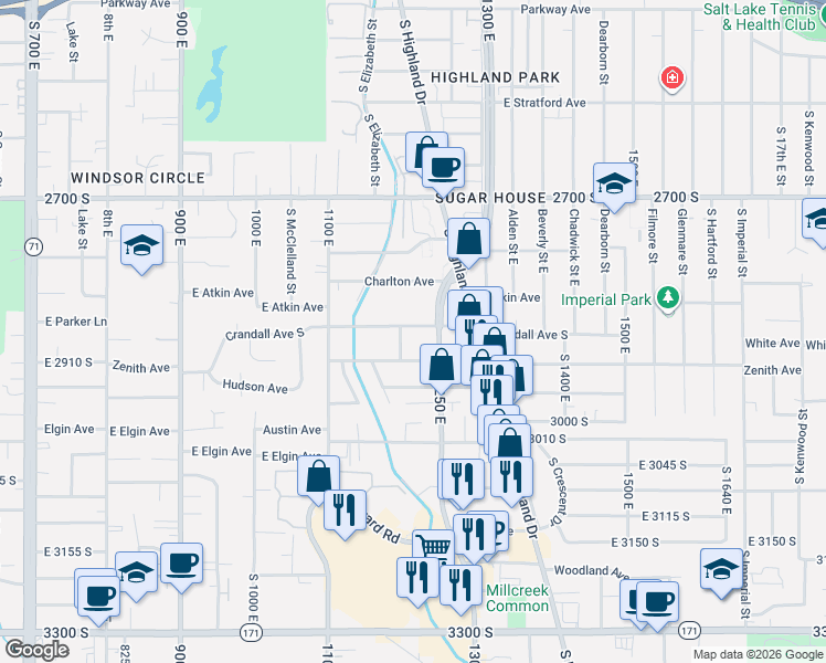 map of restaurants, bars, coffee shops, grocery stores, and more near 1216 Crandall Avenue in Salt Lake City