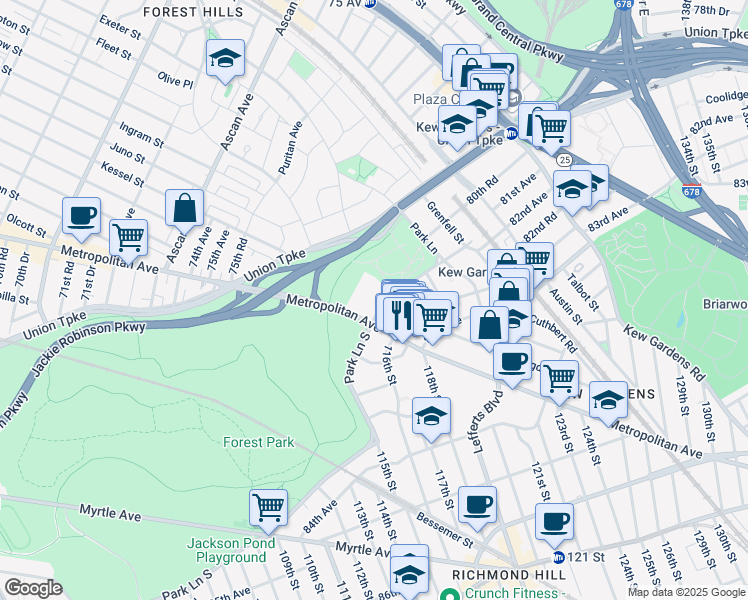 map of restaurants, bars, coffee shops, grocery stores, and more near 117-1A Park Lane South in Queens