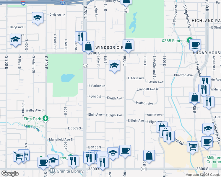 map of restaurants, bars, coffee shops, grocery stores, and more near 821 Nibley Circle in Salt Lake City