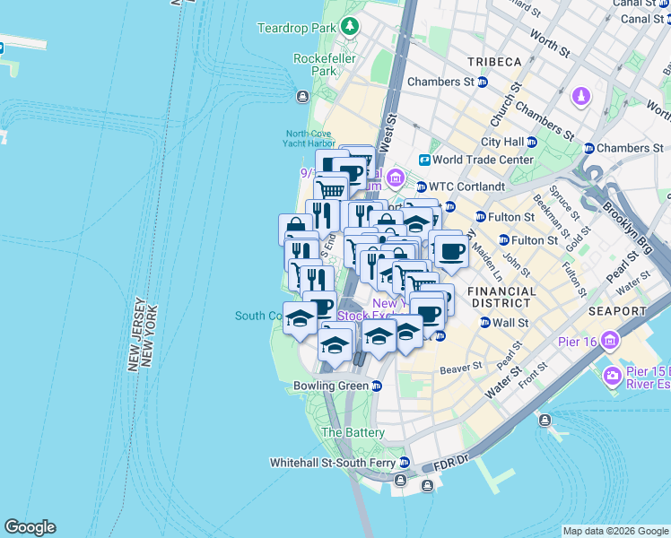 map of restaurants, bars, coffee shops, grocery stores, and more near 200 Rector Place in New York