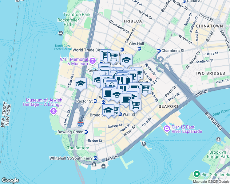map of restaurants, bars, coffee shops, grocery stores, and more near 140 Broadway in New York