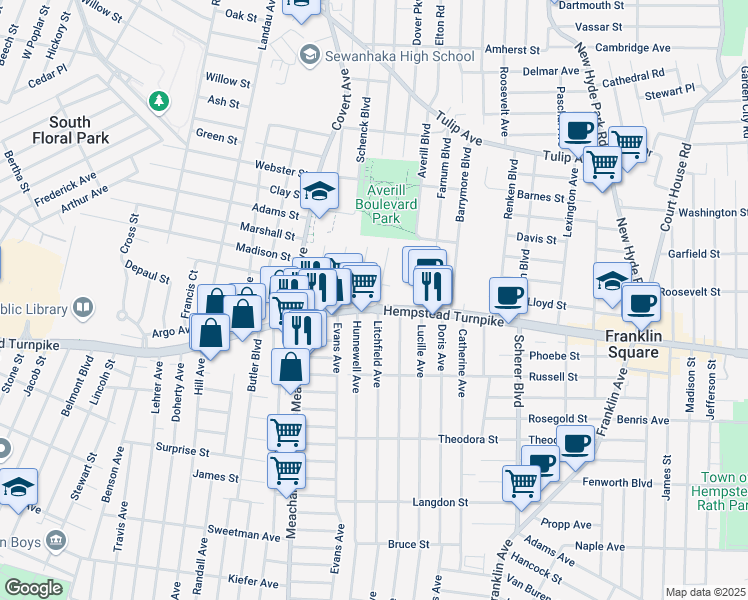 map of restaurants, bars, coffee shops, grocery stores, and more near 1276 Hempstead Turnpike in Elmont