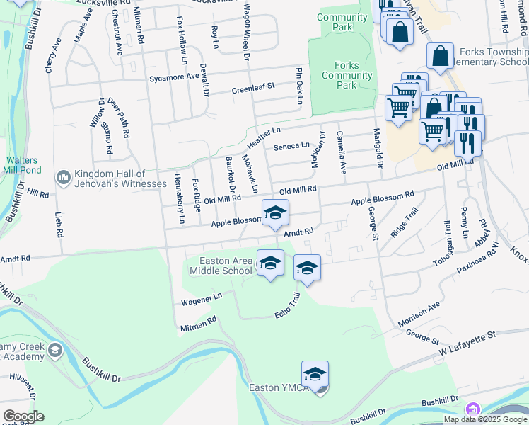 map of restaurants, bars, coffee shops, grocery stores, and more near 639 Apple Blossom Rd in Easton