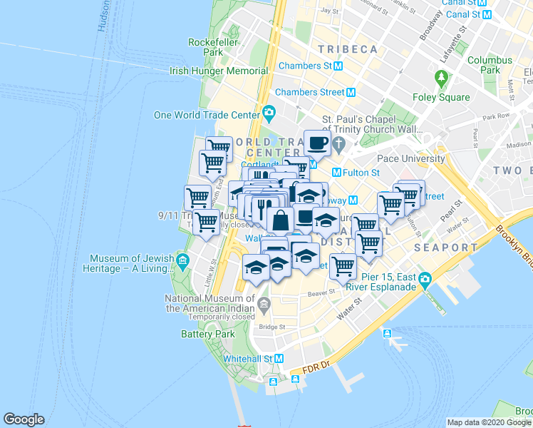 map of restaurants, bars, coffee shops, grocery stores, and more near 112 Greenwich Street in New York