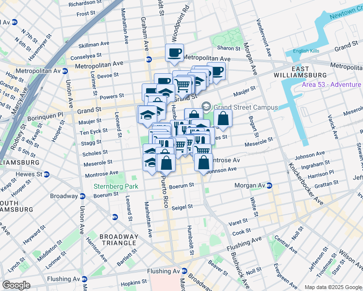 map of restaurants, bars, coffee shops, grocery stores, and more near 188 Scholes Street in Brooklyn